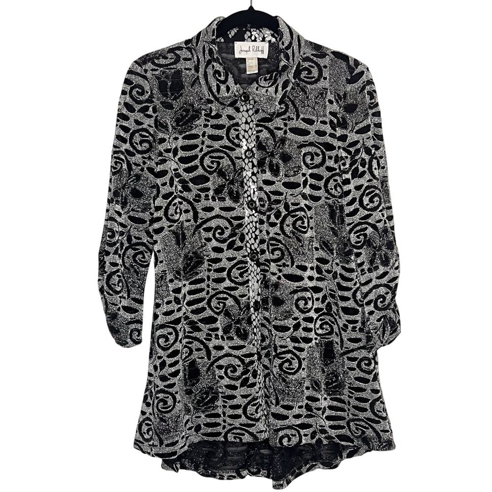 Joseph Ribkoff Top Size 10 Silver Black Metallic 3/4Ruched Sleeve Cocktail Party